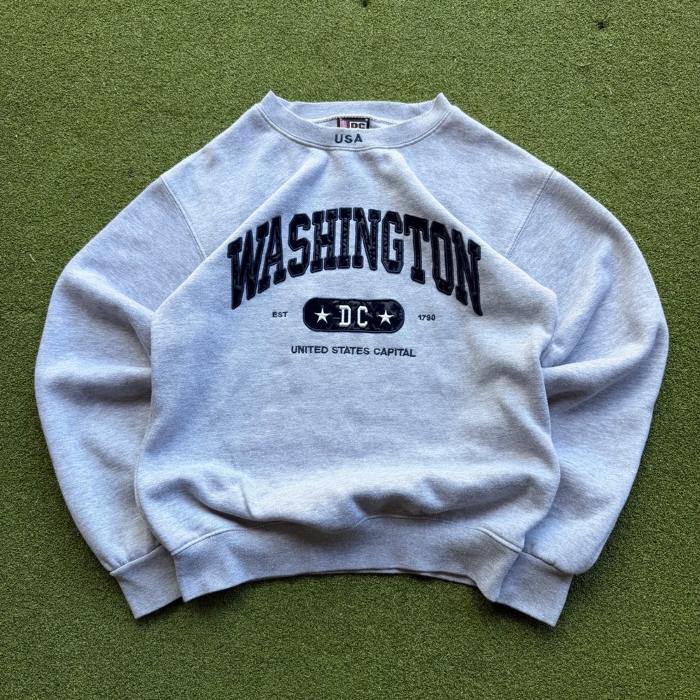 Vintage Washington DC Sweatshirt Gray Embroidered Crewneck Pullover Small